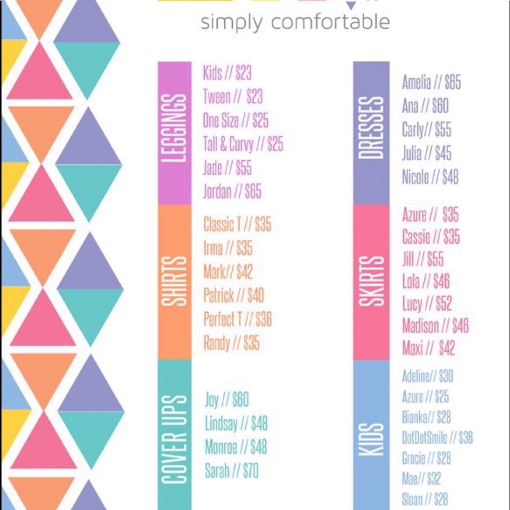 Size chart for Lularoe items